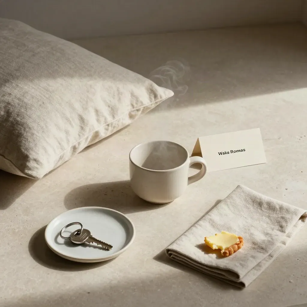 Overhead flatlay of a Rome studio room kit with cup, key ring, napkin fold and breakfast plate.