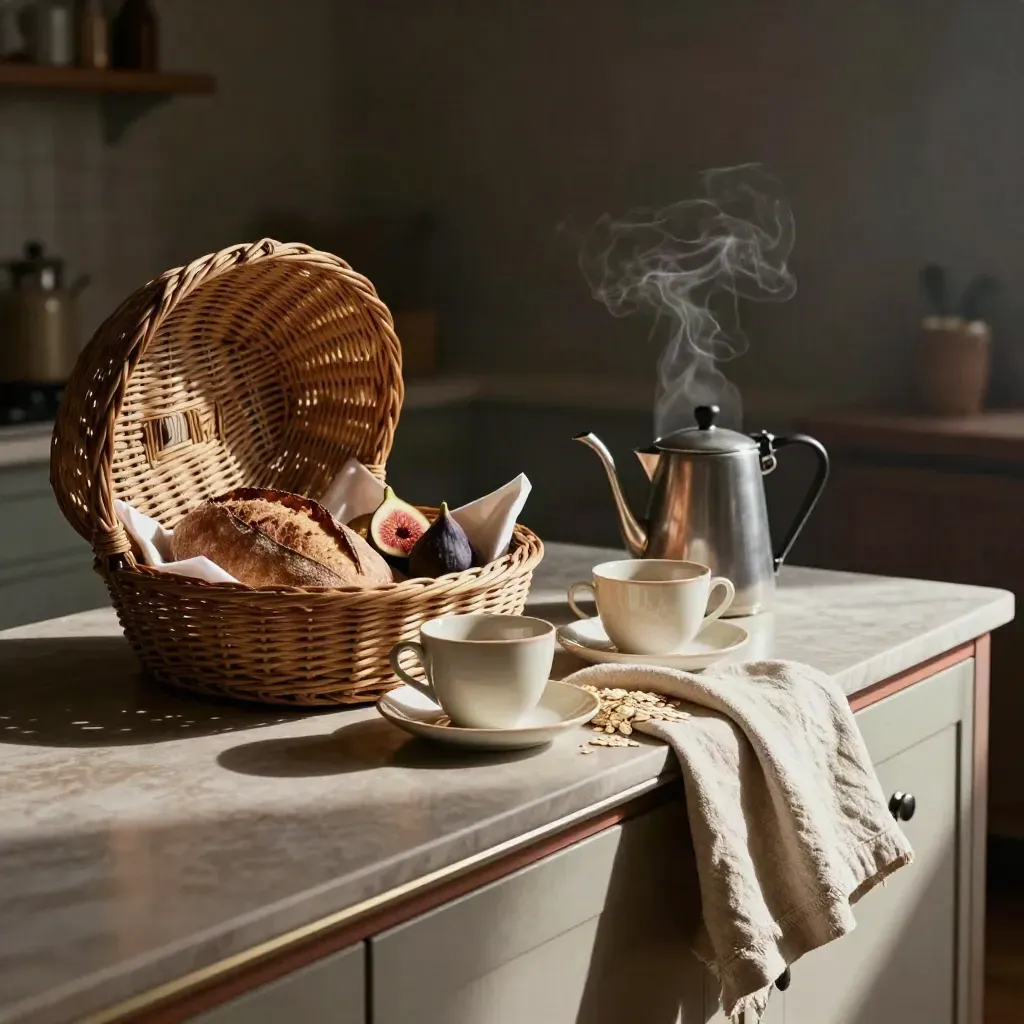 Steam rises from a woven breakfast basket with bread, figs and porcelain cups on linen.