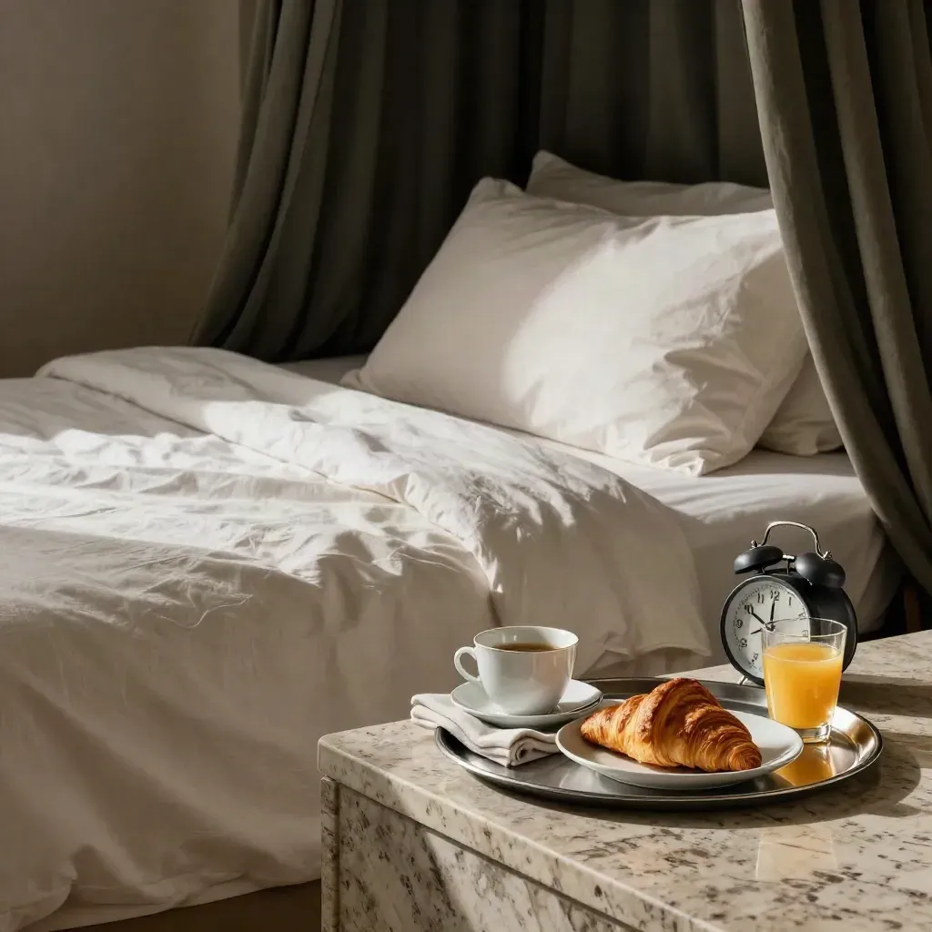 Rumpled hotel bed with breakfast tray, blackout drape, and soft morning light.