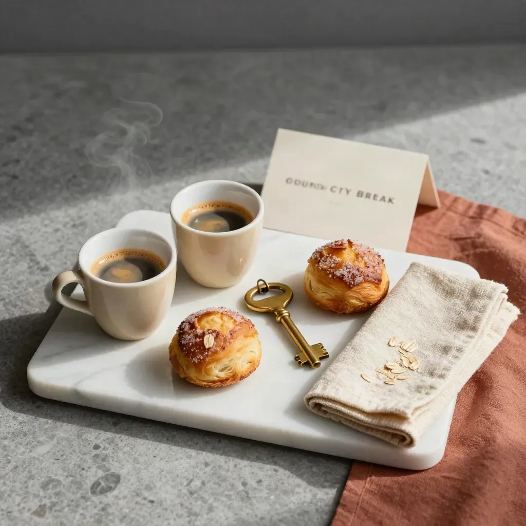 Top-down tray flatlay with two coffees, pastries, towels and a brass key on marble