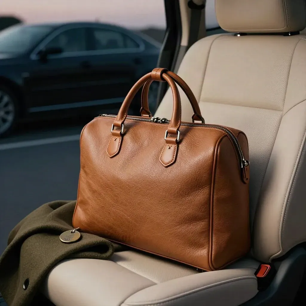 Leather carry-on, folded coat and key ring beside a car silhouette at dusk.