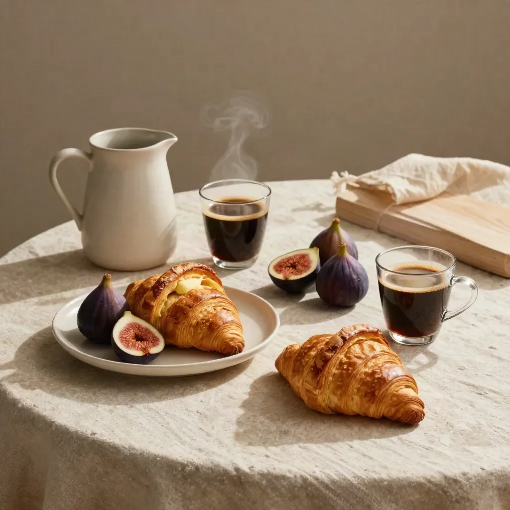 Breakfast spread with croissants, figs, espresso cups and a ceramic jug on linen in warm morning light